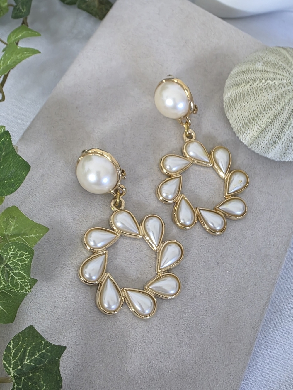 Gold Faux Pearl Wreath Drop Earrings - Statement Clip-Ons